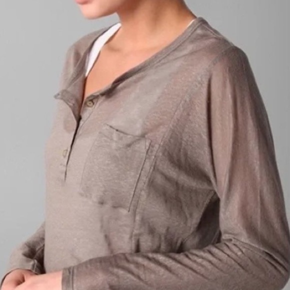 Vince linen long sleeve pocket henley top in taupe - Picture 2 of 11